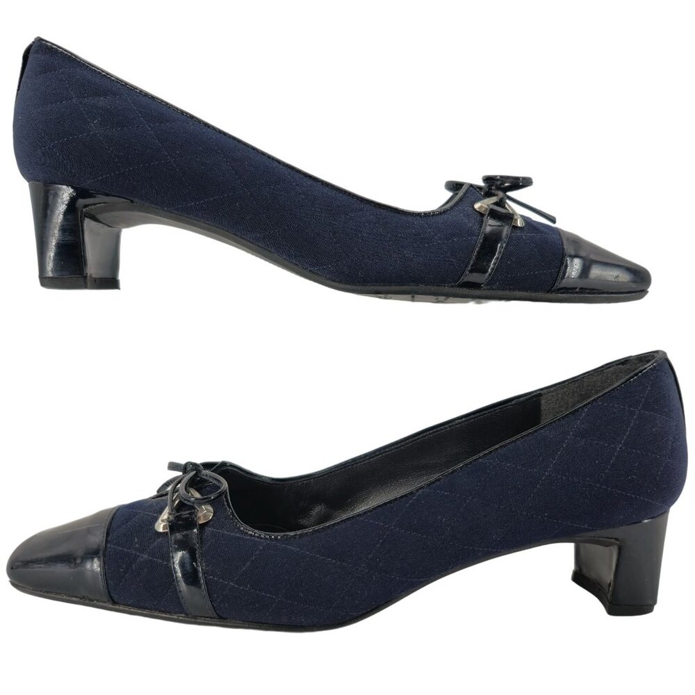 Stuart Weitzman 8.5AAAA Navy Crepe Fabric Black Leather Dress Bow Heels Womens - Picture 3 of 15